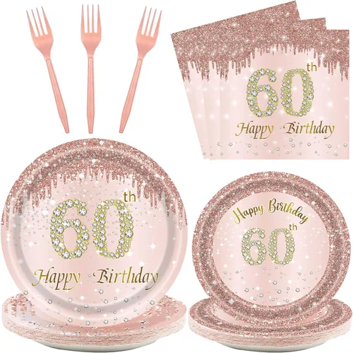 Vista 24 de 24 juegos de decoración de cumpleaños de oro rosa para niñas 1 juego de platos y servilletas y tenedores suministros de fiesta para niños de 1 año