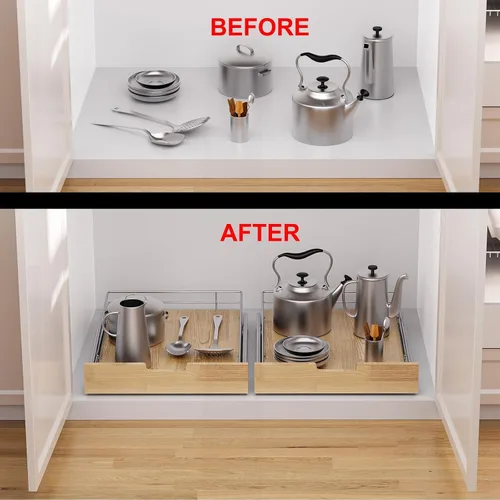 Vista 6 de Sikarou Organizador de gabinete extraíble, estante deslizante resistente, cesta de madera y alambre, cajón extraíble para cocina debajo