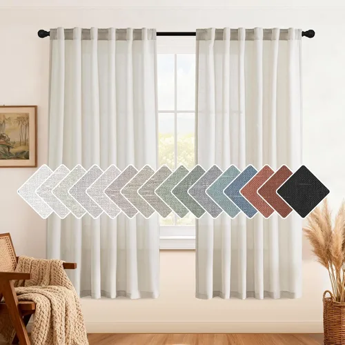 Vista 39 de H.VERSAILTEX Cortinas de lino natural de 63 pulgadas de largo para sala de estar, 2 paneles con trabillas traseras y bolsillo, texturizadas
