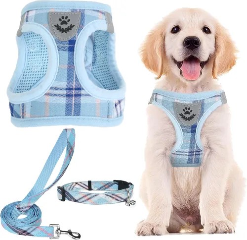 Vista 32 de PUPTECK - Arnés, collar y correa ajustables, sin tirones, para perros pequeños y medianos, cachorros y gatos, pechera reflectante acolchada de malla