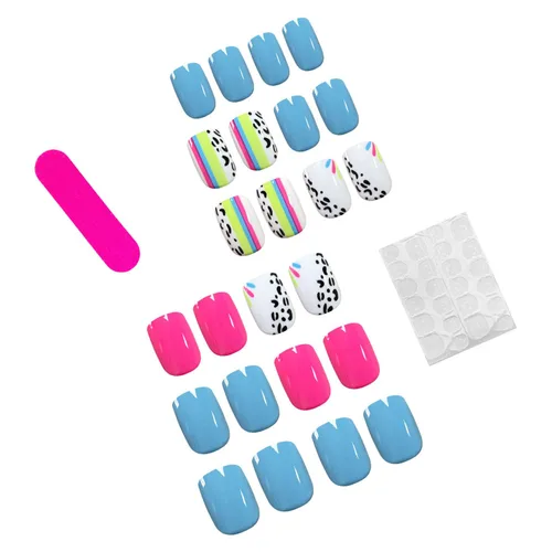 Vista 2 de Uñas postizas cortas a presión, uñas acrílicas cuadradas, coloridas de cobertura completa, uñas adhesivas brillantes en líneas, uñas reutilizables