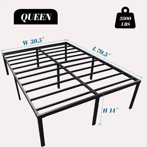Vista 2 de Base de cama Queen de 14 pulgadas, marco de cama de listones de acero resistente, base de cama tamaño Queen, plataforma resistente, espacio