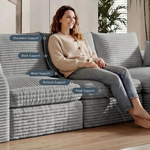 Vista 4 de Sofá modular modular de 106 pulgadas con asiento profundo, sofá de pana en forma de L con diván reversible, juego de 3 piezas para sala de estar Gris