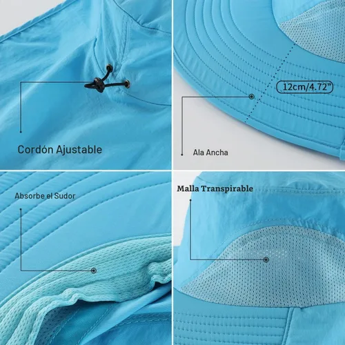 Vista 6 de Home Prefer Sombrero de sol para exteriores UPF50+ Sombrero de pesca de malla de ala ancha con solapa para el cuello Azul aguamarina