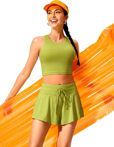 Vista 3 de CRZ YOGA Pantalones cortos de natación para mujer, pantalones cortos de playa de cintura alta, falda fluida, pantalones cortos de natación con forro