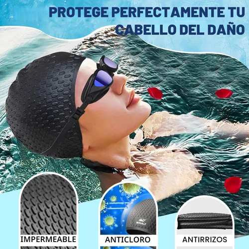 Vista 6 de Whlae Gorro de natación extra grande, con una correa de silicona duradera y diseño de oreja impermeable, adecuado para cabello largo, cabello rizado