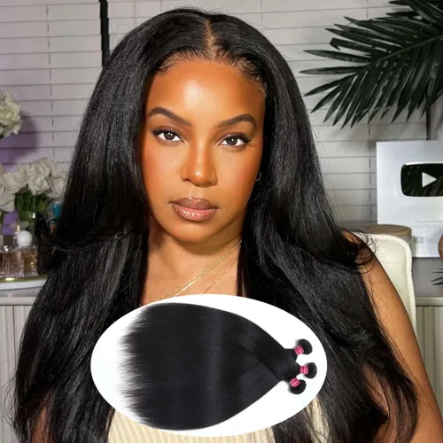 Vista 3 de Beauty Forever Yaki - Extensiones de cabello humano virgen mongol sin procesar, grado 12A, 3 paquetes de cabello humano virgen mongol sin procesar