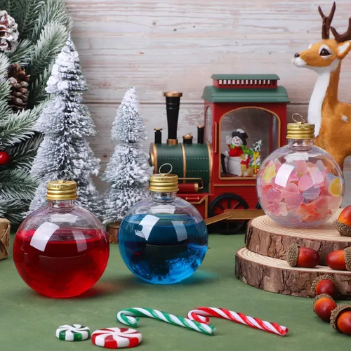 Vista 5 de Baluue Botellas de leche de plástico, 10 bolas de alcohol de Navidad, bola de adornos rellenables para árbol de Navidad de 8.5 fl oz, bombillas