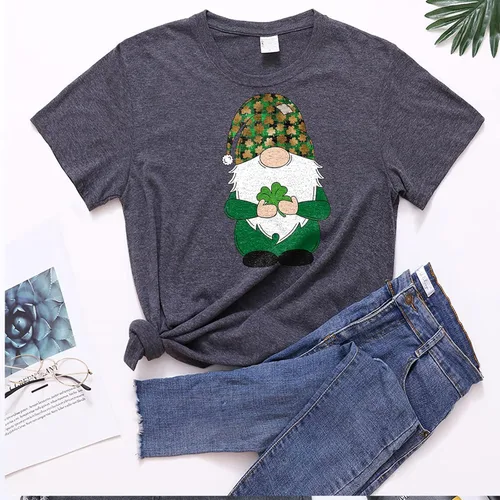 Vista 2 de Women's Classic-Fit St. Patrick's Day Print T Shirt Temperament Short Sleeve Tops Hide Belly Round Neck Blouses