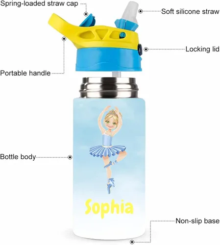 Vista 5 de Botellas de agua personalizadas de bailarina de regalo para niños, 20 onzas con nombre y pajita, tazas de acero inoxidable aisladas de acero