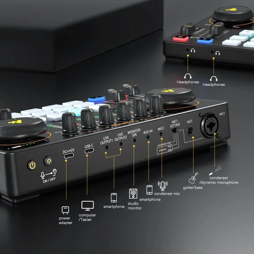 Vista 7 de MAONO Kit de Equipo de Podcast Interfaz de Audio de 10 Canales y Micrófono Dinámico XLR MaonoCaster con Preamplificador Profesional, 48V, Bluetooth