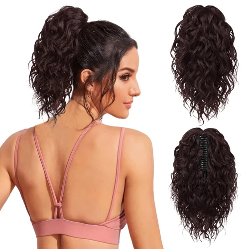 Vista 13 de Flufymooz Extensión de cola de caballo, extensión de cola de caballo corta de 12 pulgadas con pinza de garra, cabello ondulado rizado, clip