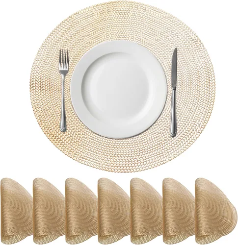 Vista 7 de uxcell Juego de 6 manteles individuales redondos dorados para mesas de comedor, manteles individuales metálicos de polivinilo prensado, manteles