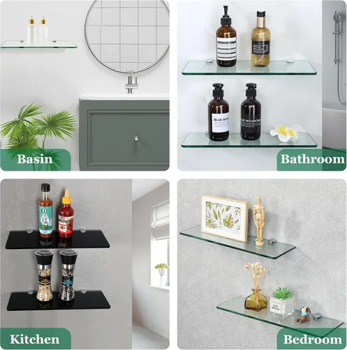 Vista 5 de SAYAYO Estantes flotantes de vidrio templado para baño, estante de vidrio templado cromado de 15 x 5 pulgadas para pared, 1 paquete, color negro