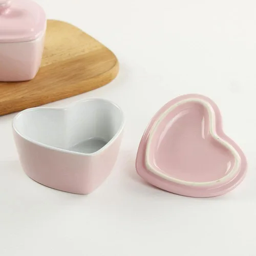 Vista 3 de Cuenco de postre en forma de corazón con tapa Tazón de cerámica para hornear arroz Bowl-5 OZ-Rosa