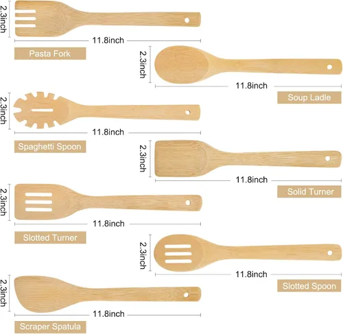 Vista 2 de [7 piezas] Las cucharas de madera para cocinar son para toda la cocina. Hechas de madera de bambú, espátula de madera y cuchara de madera de 11.8