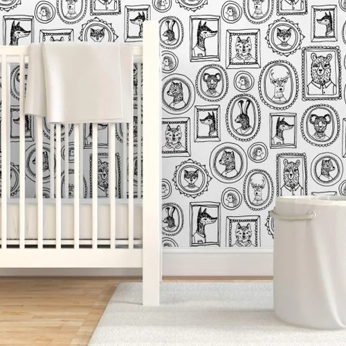 Vista 6 de Spoonflower Papel tapiz para despegar y pegar, marco de retrato de animales caprichoso, bosque, negro, blanco, cuarto de niños, papel tapiz
