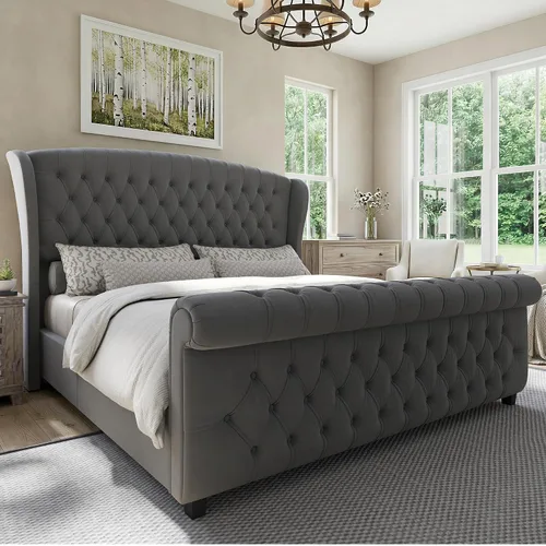 Vista 10 de LUXOAK Estructura de cama tapizada tamaño Queen con cabecera capitoné Negro