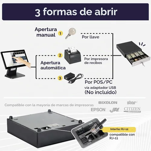 Vista 5 de Volcora Cajón de caja registradora de 13" para sistema de punto de venta (POS), Bandeja de efectivo de 4 billetes y 5 monedas, Cajones delanteros