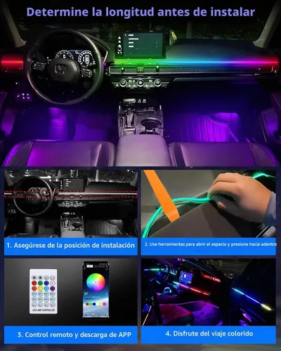 Vista 6 de Luces LED acrílicas para coche, tira de luz interior RGB de 43.3 pulgadas