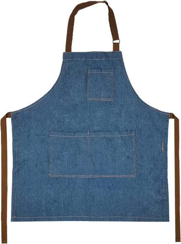 Vista 6 de WOWSEA Delantal de mezclilla azul con correa de cuello ajustable marrón, 2