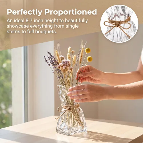 Vista 4 de Covzoe - Florero de cristal, 8.7 pulgadas de alto, irregular, con cuerda de cáñamo Clear Art Decorative Vases for Table Centerpiece, Modern