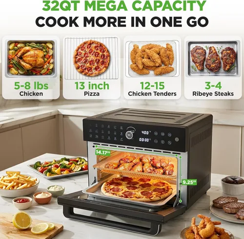 Vista 2 de NutriChef Freidora de aire y horno de 32 cuartos Freidora de aire digital con 20 ajustes preestablecidos, doble cocción, asador, horneado y más