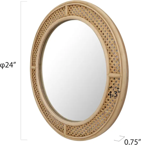 Vista 2 de FLORA Espejo de pared redondo de ratán con marco de madera, espejo Espejo decorativo bohemio moderno para baño, entrada, sala de estar, dormitorio