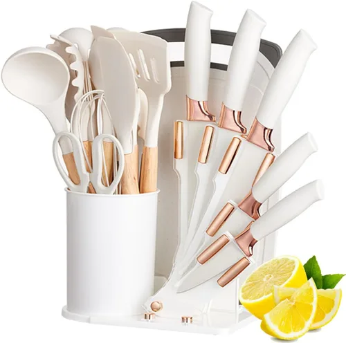 Vista 7 de Juego de utensilios de cocina y cuchillos de cocina de 19 piezas con bloque de soporte, incluye 11 utensilios de cocina de silicona, 5 cuchillos