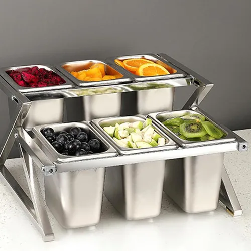 Vista 7 de Bandeja para servir condimentos de dos capas, 8 recipientes de condimentos de acero inoxidable con tapas y cucharones, juego de recipientes