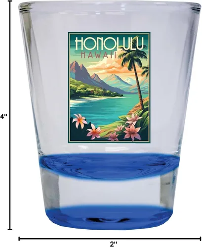 Vista 3 de Honolulu Hawaii C Souvenir - Vaso de chupito redondo de 1.5 onzas, color azul, paquete de 2