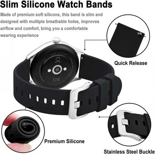 Vista 60 de BISONSTRAP Correas de reloj de silicona, correas de reloj delgadas con liberación rápida, 0.787 in, negro con hebilla negra