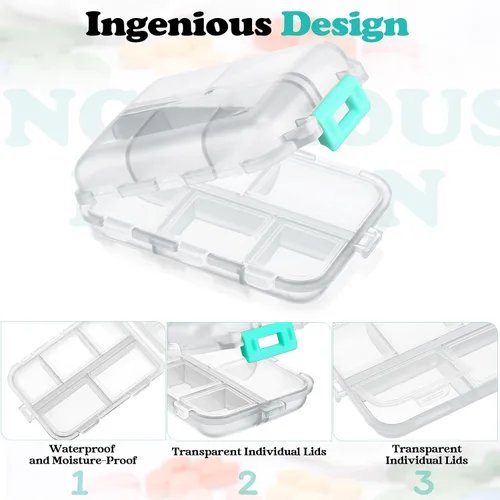 Vista 3 de Meekoo Organizador de pastillas de viaje, 8 unidades, portátil, con bolsillo, contenedor diario, contenedor pequeño, medicina, viajes, con 10 Blanco