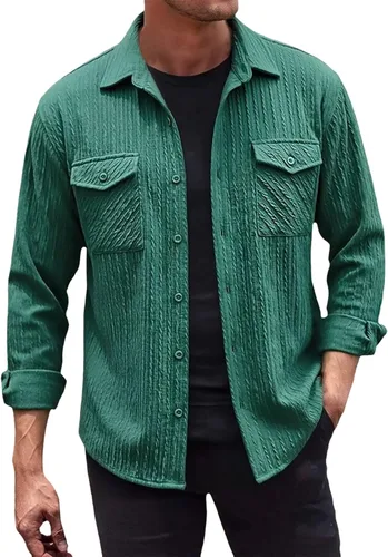Vista 7 de Camisas con botones para hombre, casual, de manga larga, con cuello jacquard, texturizada, ligera, sobrecamisa, sobrecamisa