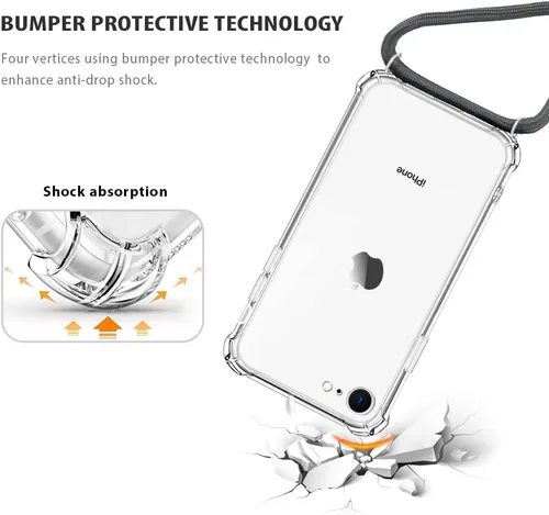 Vista 5 de Funda cruzada para iPhone SE 2/3, correa de cordón ajustable transparente para el cuello para mujer para iPhone 7/8, funda de teléfono TPU suave a