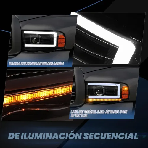 Vista 3 de Auto Dynasty Faros LED DRL Compatible con 2002 2003 2004 2005 Dodge Ram 1500 2500 3500, Señal de Giro Secuencial, Faros Proyectores Negros