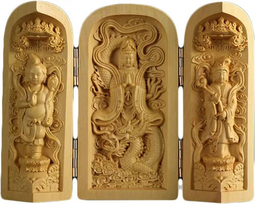 Vista 9 de Caja de oración de budismo tibetano tallado en madera de boj natural (1000 brazos Avalokiteshvara Diosa)