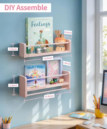 Vista 3 de Maxpeuvon Estantes para libros de guardería, juego de 3 estantes para niños, organizador de pared de madera natural con toallero, decoración Rosa