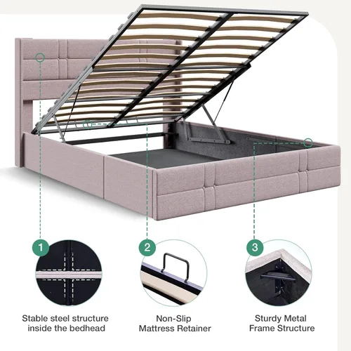 Vista 9 de Novilla Base de cama Queen con almacenamiento elevable, base de cama de plataforma tapizada con almacenamiento, no necesita somier, soporte