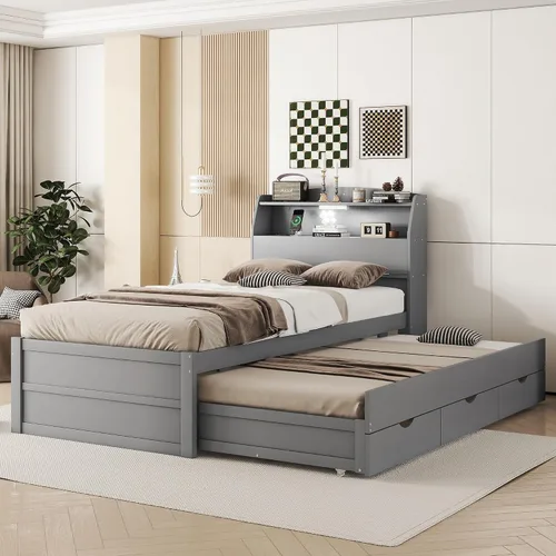 Vista 21 de VilroCaz Cama de plataforma multifunción tamaño twin con escritorio y estante de almacenamiento al final de la cama, marco de cama de plataforma