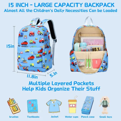 Vista 3 de AUIVTY Mochila escolar para niños y niños Construcción-azul claro Medium kids backpack 878-cons