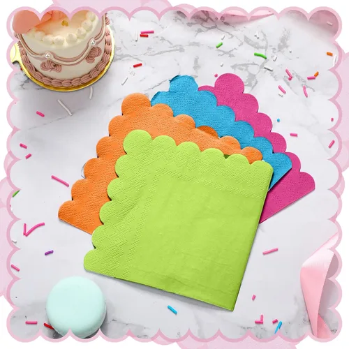 Vista 3 de Yeaqee 100 servilletas festoneadas de color neón, servilletas de papel de cóctel de 2 capas brillantes para bebidas, servilletas desechables
