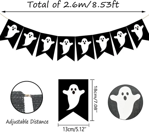 Vista 2 de Doumeny Pancarta de arpillera de fantasma de Halloween, guirnalda espeluznante, guirnalda espeluznante, pancarta negra para fiesta, bandera de truco