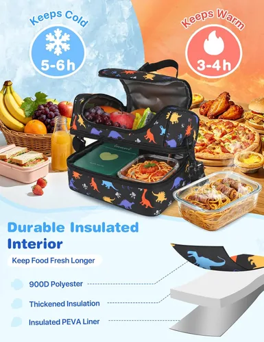 Vista 4 de VASCHY - Lonchera para niños, bolsas de almuerzo aisladas de dos compartimentos para niños y niñas con correa para el hombro para la escuela