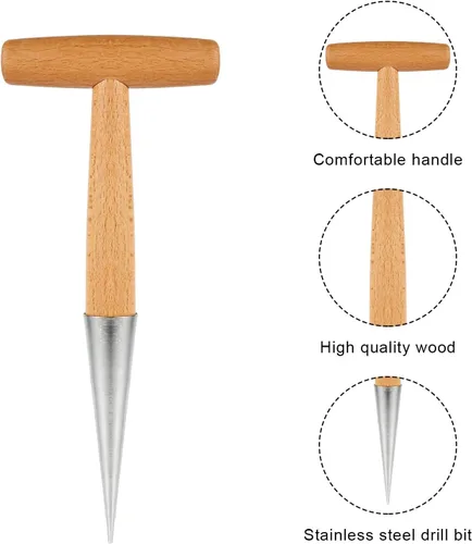 Vista 3 de XIHIRCD Dibber de mano con mango de madera, herramienta de jardinería Dibbler de acero inoxidable, perforador de agujero de cabeza de mano, maceta