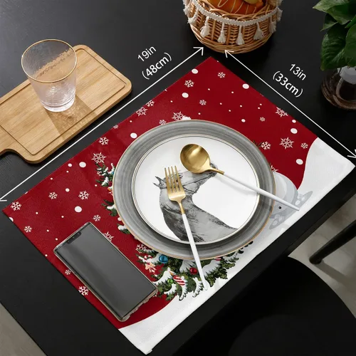 Vista 6 de Juego de 6 manteles individuales de Navidad, muñeco de nieve, copo de nieve, árbol de Navidad, resistentes al calor, para mesa de comedor, lino