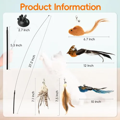 Vista 8 de Juego de juguetes interactivos de simulación de plumas de gato, varita retráctil para gatos, base de ventosas, incluye 7 piezas desmontables