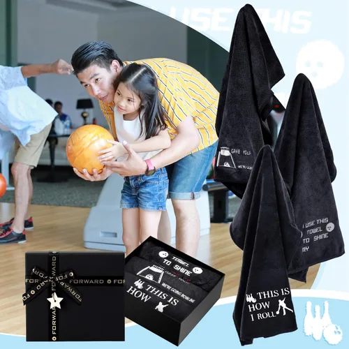 Vista 4 de Newwiee 3 toallas de boliche divertidas de Navidad con caja de regalo, toalla de boliche bordada, accesorios de regalo para hombres, papá, novio