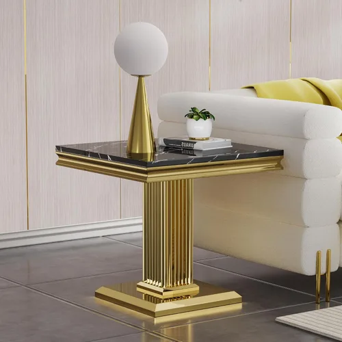 Vista 3 de SSLine Mesa auxiliar cuadrada de mármol sintético para sala de estar, mesa auxiliar de mármol negro de mediados de siglo con marco de columna dorado