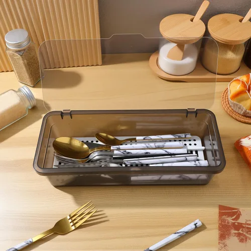 Vista 7 de Operitacx Soporte de plástico para palillos con tapa, organizador de cajones de utensilios con drenaje para cubiertos de cocina, hogar, camping